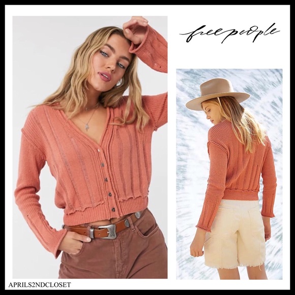 FREE PEOPLE BOHO CARDI LONG SLEEVES RIB KNIT CROP CARDIGAN A3C - Picture 15 of 15